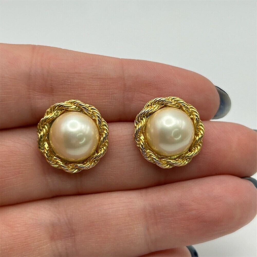 Vintage Trifari Womens Faux Pearl Rope Twist Gold Tone Button Stud Earrings - Picture 2 of 9